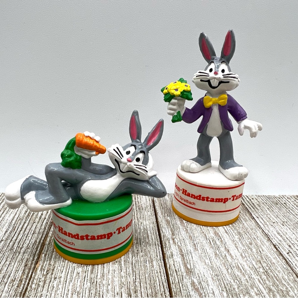 Vintage 1983 Warner Bros Bugs Bunny Figurine and Rubber Stamp Set of Two Bully